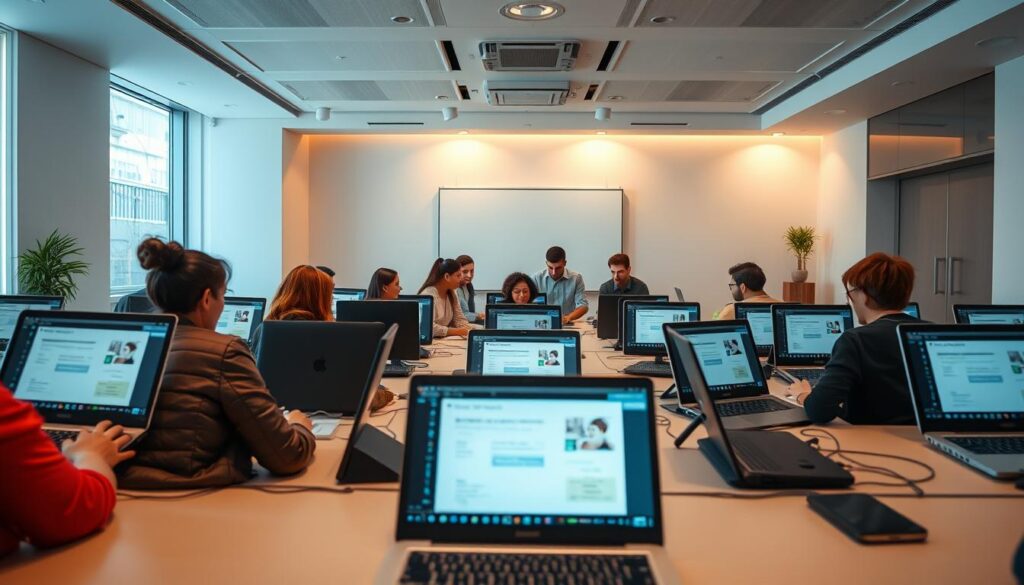 A well-lit interior of a modern online learning platform, showcasing a variety of virtual bookkeeping classes. The foreground features an array of laptops and tablets, each displaying course materials, videos, and interactive exercises. In the middle ground, a group of diverse students are intently engaged, taking notes and collaborating. The background depicts a clean, minimalist design with a soft color palette, creating a serene and focused atmosphere conducive to effective online learning. Warm lighting from overhead fixtures gently illuminates the scene, while the camera angle provides a wide, encompassing view of the dynamic virtual classroom.