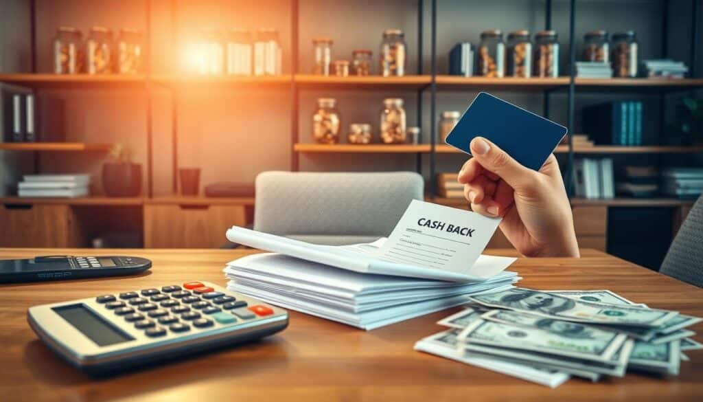A well-lit modern office interior with a large wooden desk featuring a calculator, a stack of utility bills, and a hand holding a credit card. In the background, shelves display jars of coins and stacks of dollar bills, symbolizing the cash back opportunity. Warm lighting casts a soft glow, creating a sense of financial opportunity and empowerment. The composition emphasizes the utility bills and credit card, conveying the idea of optimizing utility payments to maximize cash back rewards. The overall mood is one of efficiency, organization, and financial savvy.