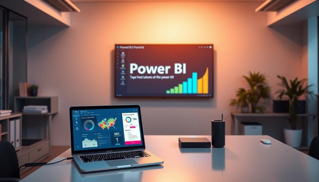 A well-lit, modern office setting with a sleek, minimalist desk setup. On the desk, a laptop displays a Power BI dashboard, its vibrant visualizations and interactive elements taking center stage. In the background, a large monitor shows a Power BI tutorial video playing, providing step-by-step guidance. The lighting is warm and inviting, creating a productive and educational atmosphere. The scene conveys a sense of learning, exploration, and the power of data analytics through the use of the Power BI platform.