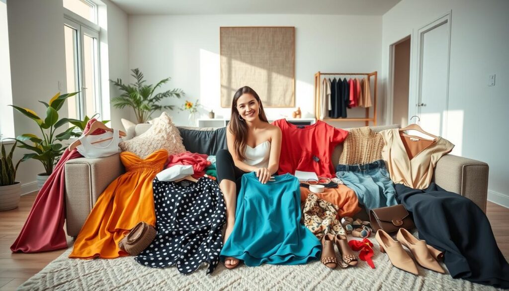 A well-lit, stylish home setting showcasing a woman's Shein haul. In the foreground, a young woman sits on a plush couch, surrounded by an array of Shein clothing items - trendy dresses, chic tops, and stylish accessories. The middle ground features a minimalist, Scandinavian-inspired living room with natural light streaming in from large windows. In the background, a neutral-toned accent wall serves as a clean backdrop, allowing the vibrant Shein pieces to take center stage. The mood is relaxed and inviting, capturing the excitement and joy of discovering new fashion finds from Shein.