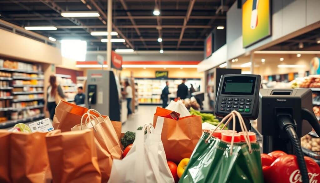 A well-lit, wide-angle photograph of a modern grocery store checkout area, showcasing an assortment of common purchases such as grocery bags, a gas pump, and a credit card payment terminal. The scene is bathed in warm, natural lighting, creating a welcoming and inviting atmosphere. The foreground features various grocery items and a credit card, emphasizing the key elements of the "Factors to Consider When Choosing a Credit Card" section. The middle ground shows the checkout counter and gas pump, while the background depicts the store interior with shelves and other shoppers. The overall composition is balanced, with a focus on the key elements that relate to the article's subject matter.