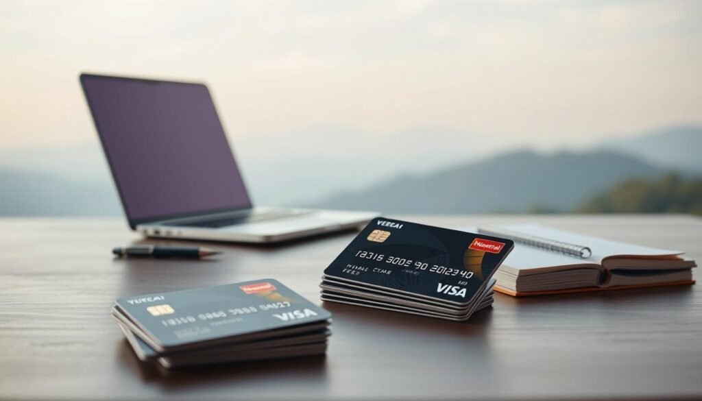 A well-organized financial planning scene with a minimalist, clean aesthetic. In the foreground, a stack of credit cards, each representing popular options for groceries and gas in 2025 - no annual fees. The middle ground features a modern desktop setup with a laptop, pen, and notepad, conveying responsible financial management. The background showcases a serene, natural landscape with soft, diffused lighting, creating a calming, reflective atmosphere. The overall composition emphasizes the importance of thoughtful credit card selection and prudent financial practices.