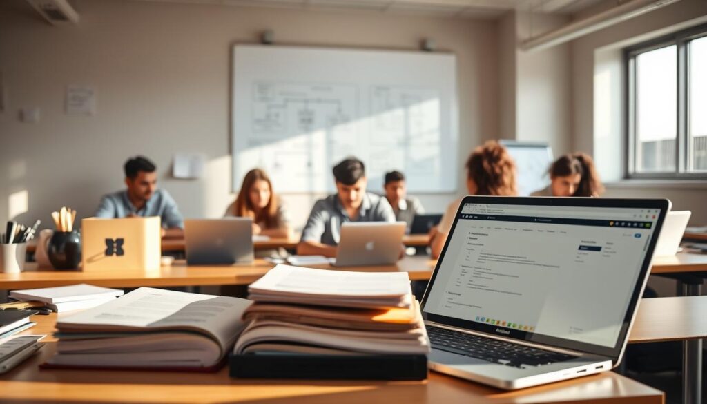 An airy, well-lit classroom setting with an array of office supplies and technological devices on the desks. In the foreground, a stack of textbooks and a laptop with inventory management software open, bathed in soft, directional lighting. The middle ground features a group of students intently studying course materials, their faces focused and engaged. In the background, a large whiteboard displays diagrams and flowcharts related to inventory control processes, illuminated by natural light filtering through large windows. The overall atmosphere is one of focused learning and practical application of inventory management principles.