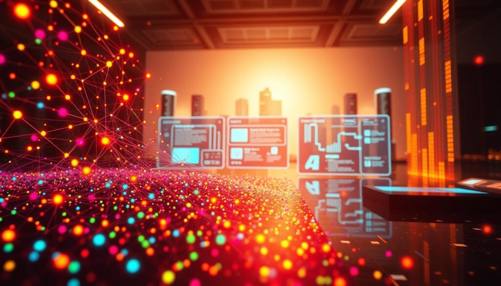 An intricately designed illustration of a dynamic points system, captured in a high-resolution, cinematic style. The foreground features a vibrant, three-dimensional grid of colorful points, each one pulsing with energy and interconnected by a network of glowing lines. The middle ground showcases a series of digital interfaces, displaying the mechanics of earning, redeeming, and tracking points, all rendered in a sleek, minimalist aesthetic. In the background, a soft, ethereal glow emanates, creating a sense of depth and technological wonder, as if the entire scene is set against the backdrop of a futuristic cityscape. The lighting is warm and directional, casting dramatic shadows and highlights that enhance the sense of depth and three-dimensionality. The overall mood is one of innovation, efficiency, and the empowerment of the user, reflecting the core concepts of the "Mechanics of Points Rewards" section.